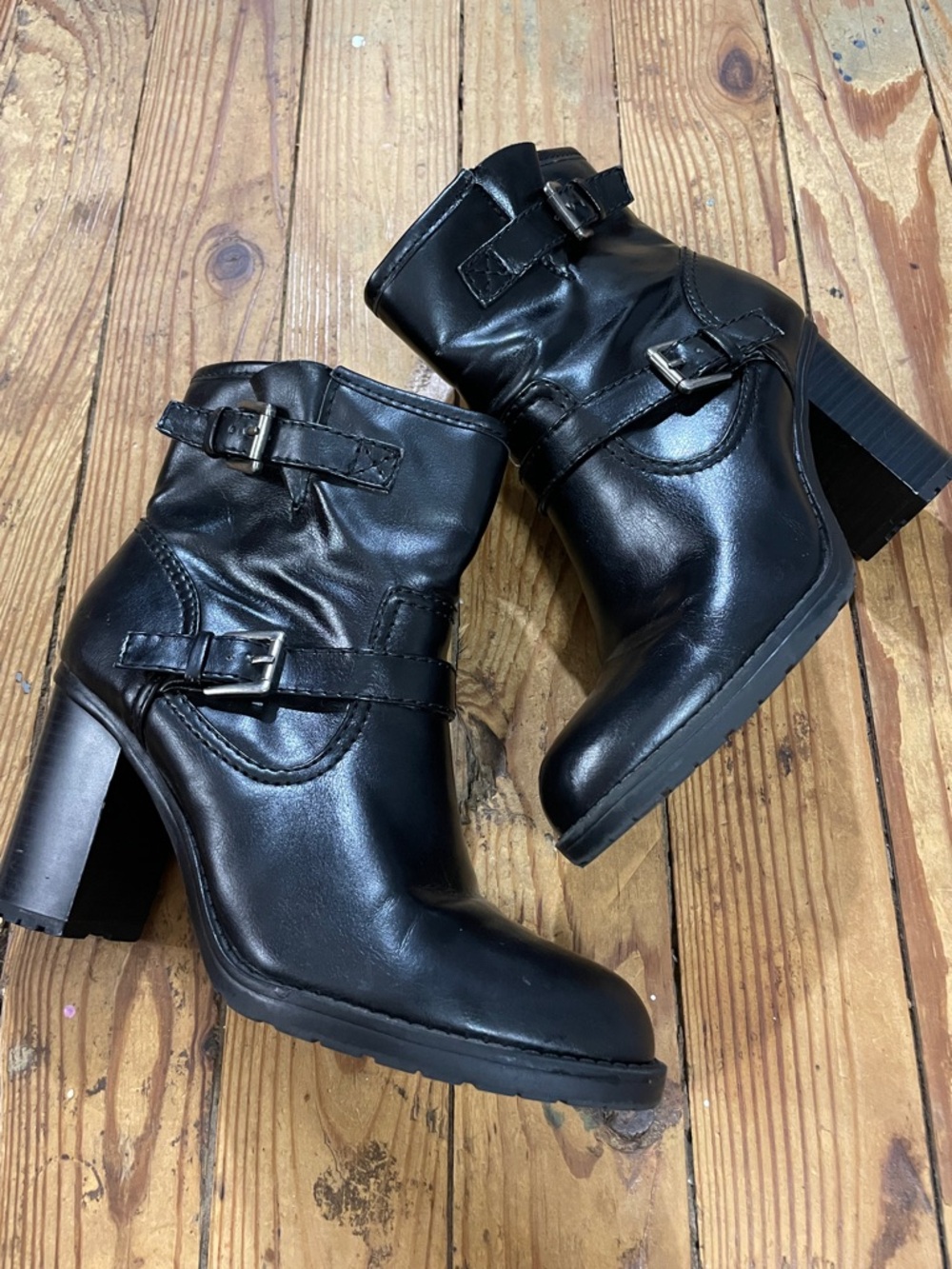 Chaps Black Buckle Strap High Block Heel Ankle Boots - Women
